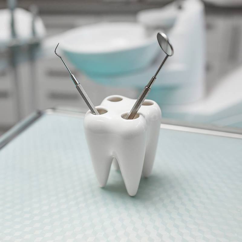 Dentální nástroje v keramickém stojánku ve tvaru zubu